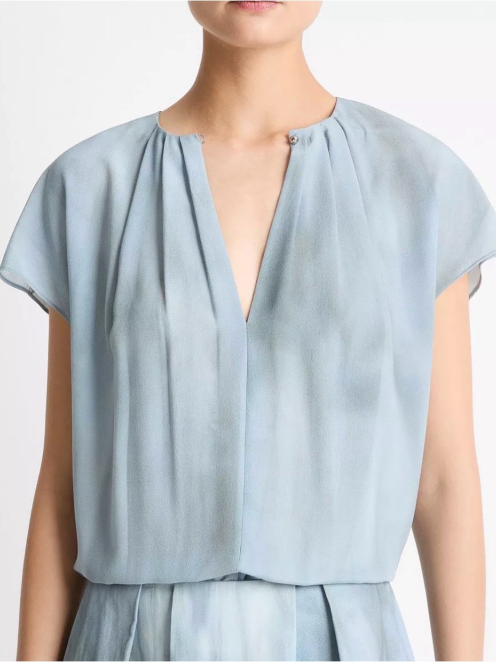 Vince Pale Blue Split Neck Cap-Sleeve Blouse